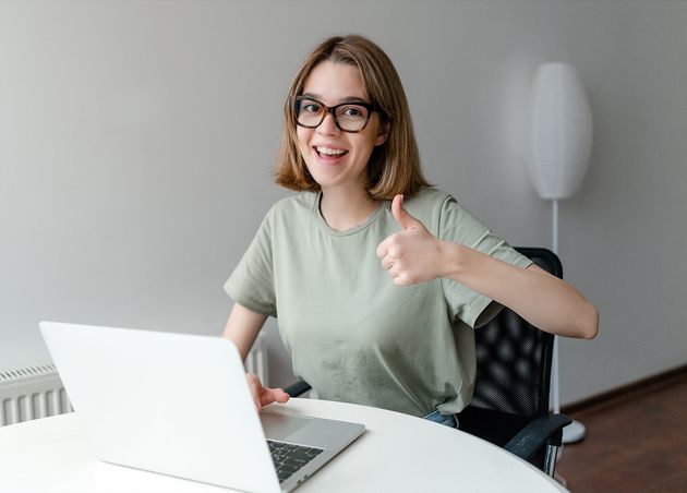 Beautiful Young Freelancer Woman Using Laptop Computer Sitting Home Show Thumb up Freelance Work Business People Concept