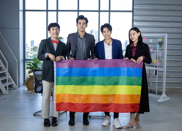 Successful Company with Happy Workers Group Asian Business People with Diverse Genders Lgbt Celebrate Lgbt Freedom Support with Lgbt Flag Meeting Room Office