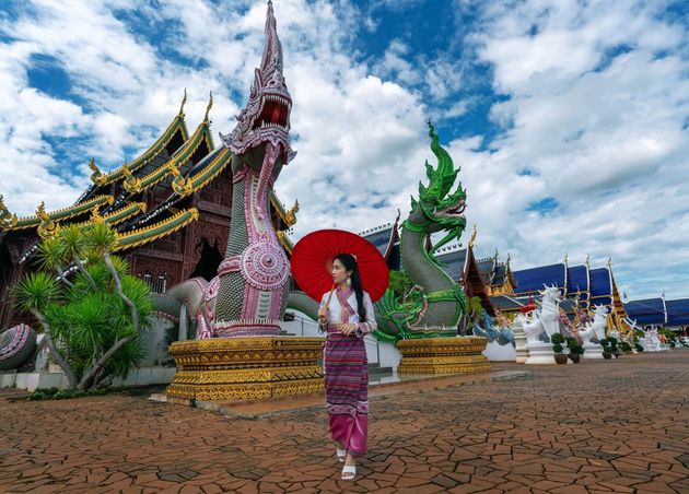 Asian Women Wearing Thai Dress Costume Traditional According Thai Culture Temple Chiang Mai