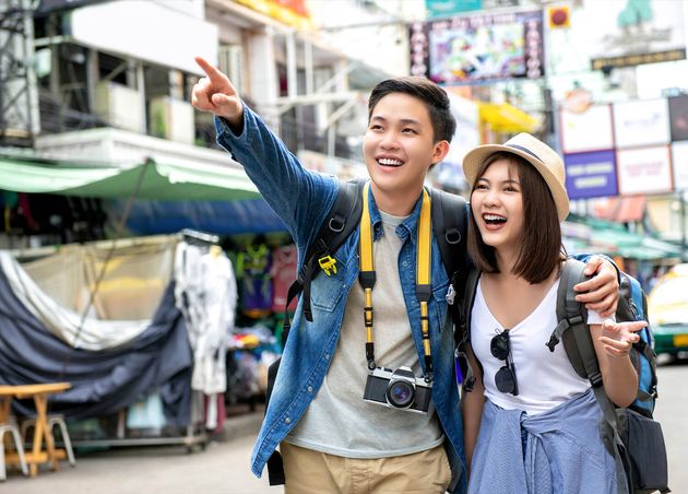 Young Happy Asian Couple Tourist Backpackers Khao San Road Bangkok Thailand