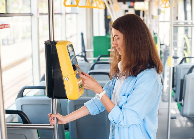 Young Woman Pays by Bank Card Public Transport Tram Subway