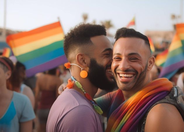 Schönes Paar feiert Strand Lgbtq Pride Parade Tel Aviv Israel Pride Month