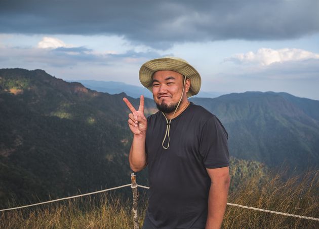 Asian Man with Beautiful View Khao San Nok Wua Mountain Kanchanaburikhao San Nok Wua Is Highest Mountain Khao Laem National Park It Is 1767 Meters Sea Level