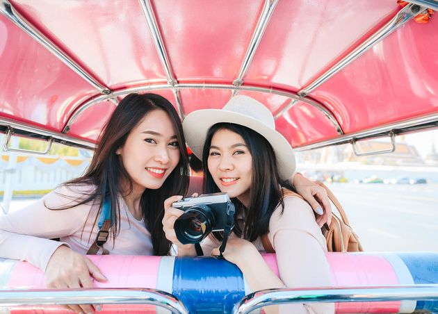 Two Asian Girls Best Friends Traveller Sit Tuk Tuk Taxi
