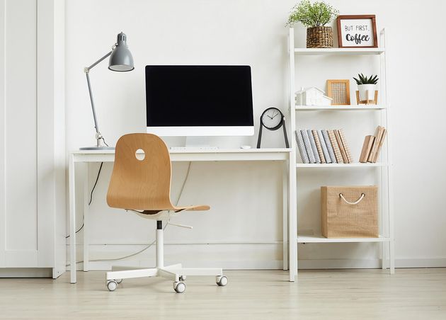Full Length View Minimal Home Office Design with Wooden Chair White Computer Desk against White Wall