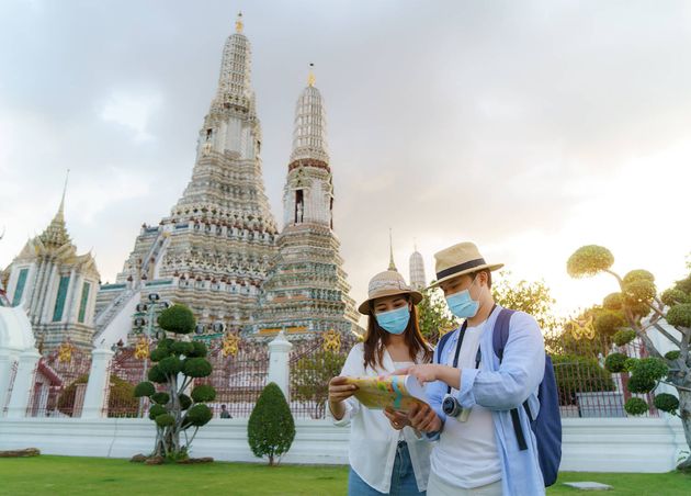 Asian Couple Happy Tourists Travel They Holidays Holding Wat Arun Temple Bangkok Thailand