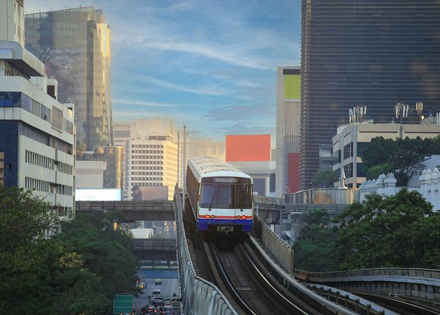 Bangkok Thailand Selective Focus Bts Sky Train Is Running Downtown Bangkok Sky Train Is Fastest Transport Mode Bangkok