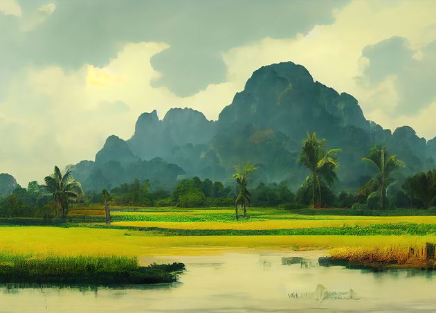Thailand Landscape Painting Illustration Thailand Nature Green Fields River Art