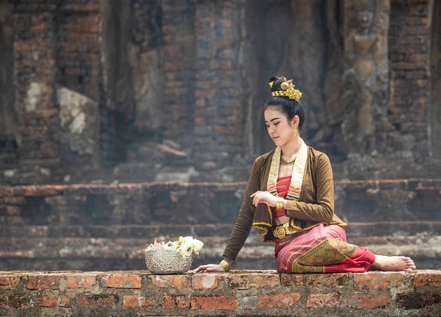 Young Asian Woman Traditional Dress Sit Old Wall Look Silver Bow Ot Lotus Beautiful Girls Traditional Costume Thai Girl Retro Thai Dress