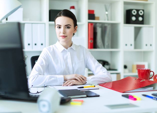 Young Girl Is Sitting Computer Desk Office