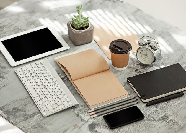 Office Desk Table with Computer Supplies Phone