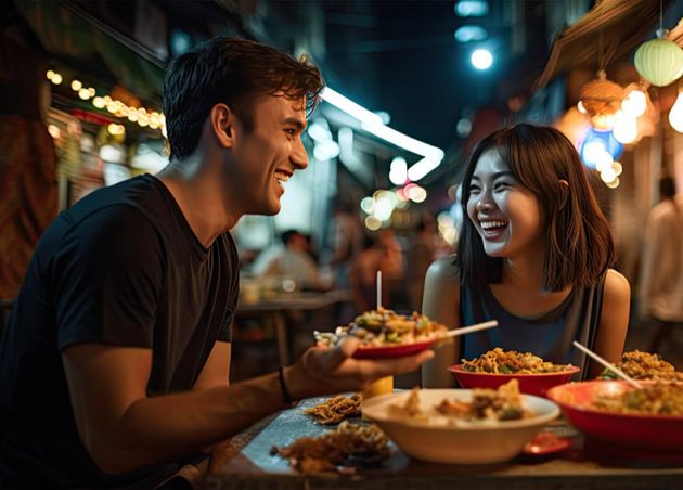 Young Asian Couple Traveler Tourists Eating Thai Street Food Together China Town Night Market Bangkok Thailand People Traveling Enjoying Food Culture Concept