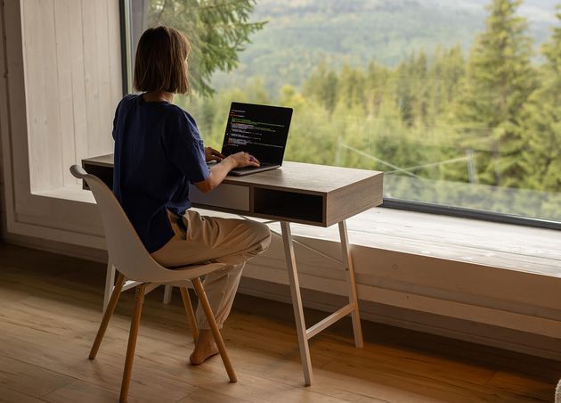 Woman Works Laptop Remotely House Nature