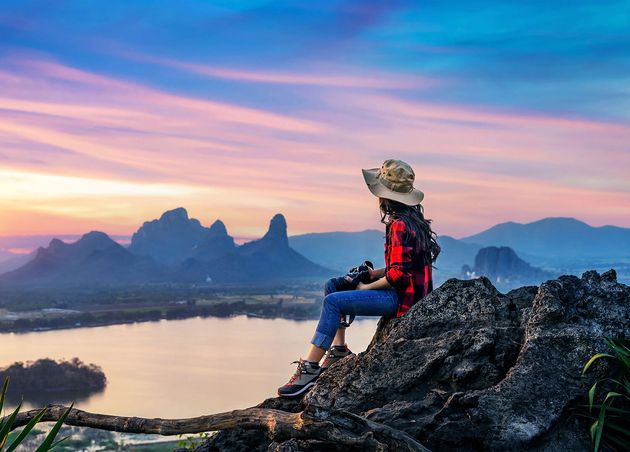 Tourist Sitting Phu Sub Lek Viewpoint Sunset Lopburi Thailand
