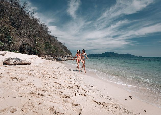 Beautiful Female Young Lesbian Couple Swimsuit Love Walks along Beach Concept Lgbt Community Equal Rights Beauty Love Phuket Thailand Beautiful Seascape