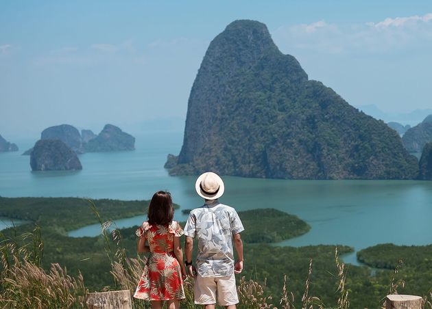 Happy Couple Traveler Enjoy Phang Nga Bay View Point Tourists Relaxing Samet Nang She near Phuket Southern Thailand Southeast Asia Travel Trip Love Together Summer Vacation Concept