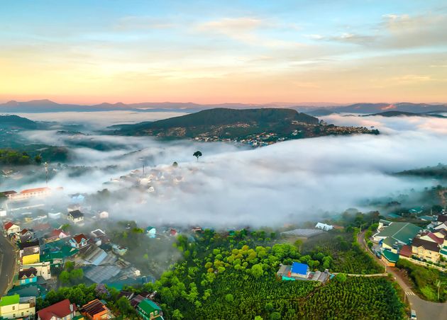 Aerial View Town Mist Sunrise Sky Is Beautiful Highlands Da Lat Vietnam