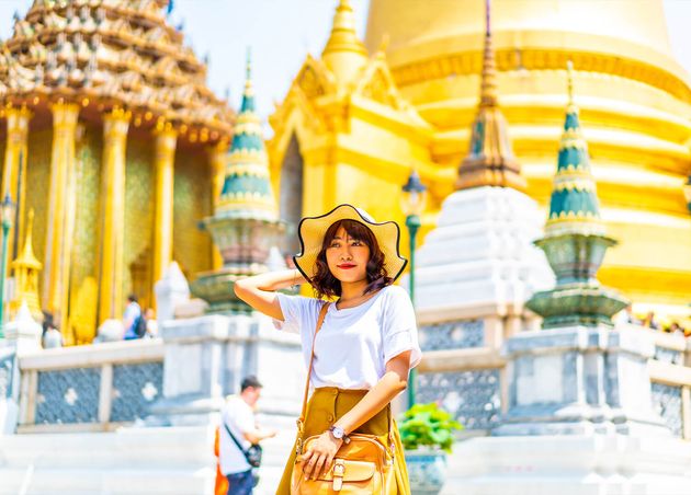 Happy Asian Woman Travel Temple Thailand