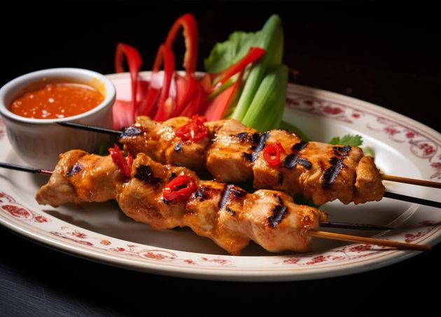 Chicken Grilled Satay Skewers Served with Lime Peanut Sauce Black Copy Space Asian Thai Style