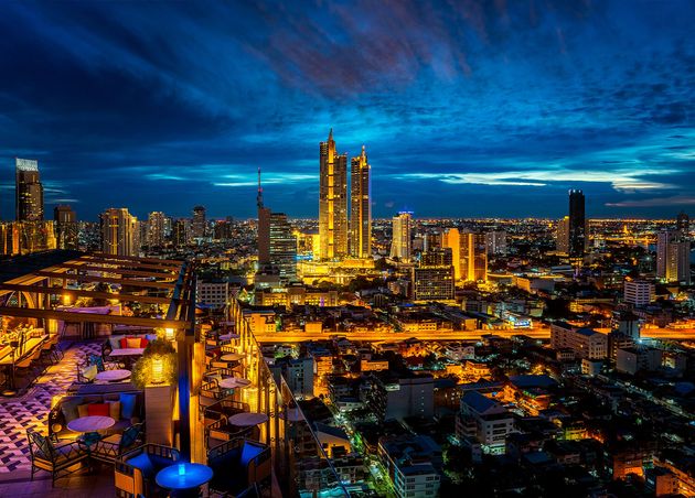 View Point from Hotel Rooftop from Bangkok City with Bar Twin Tower Background Thailand