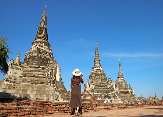 Female Tourist Visiting Pagoda Ruins Wat Phra Si Sanphet Ayutthaya Historical Park Thailand