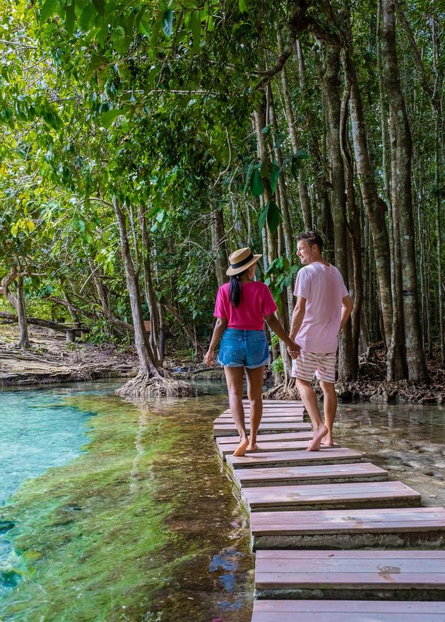 Couple Visit Emerald Pool Blue Pool Krabi Thailand Tropical Lagoon National Park With