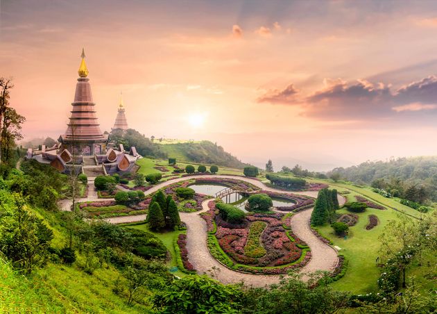 Landmark Pagoda Doi Inthanon with Mist Fog during Sunset Timeat Chiang Mai Thailand