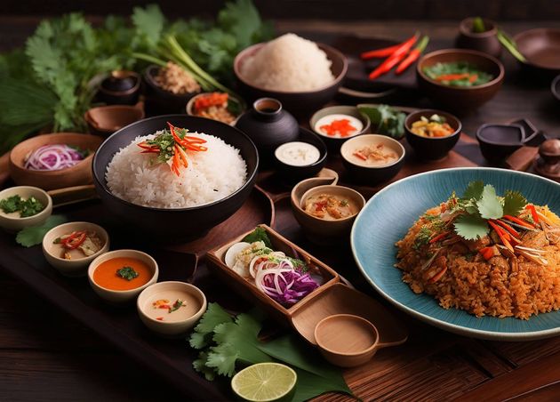 Rice Thai Food Beautifully Textured Wooden Table Emphasize Balance Colors Ingredients