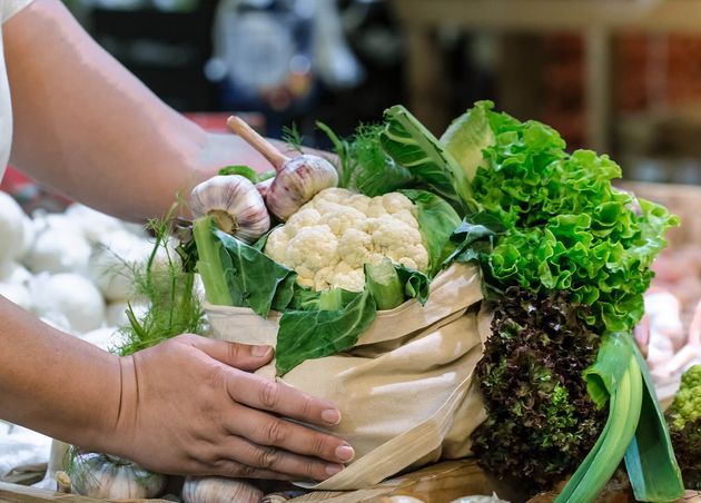 Woman S Hands Holding Fresh Ripe Organic Broccoli Salad with Greens Vegetables Cotton Bag Weekend Farmer S Market