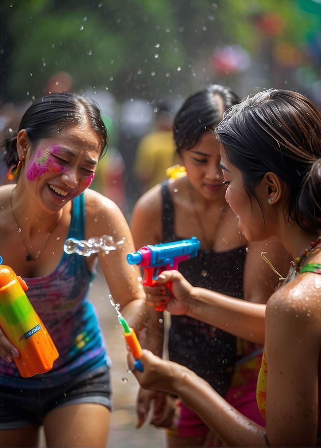 Women Playing with Water Guns Songkran Festival