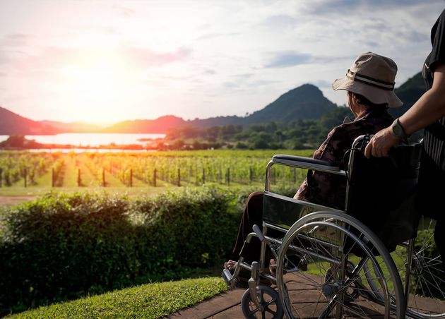Young Asian Women Pushing Elderly Woman Wheelchair Garden