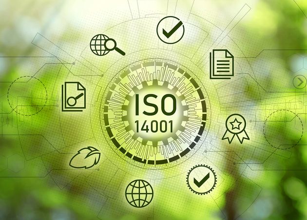 International Organization Standardization ISO 14001 Different Virtual Icons Blurred Green Background