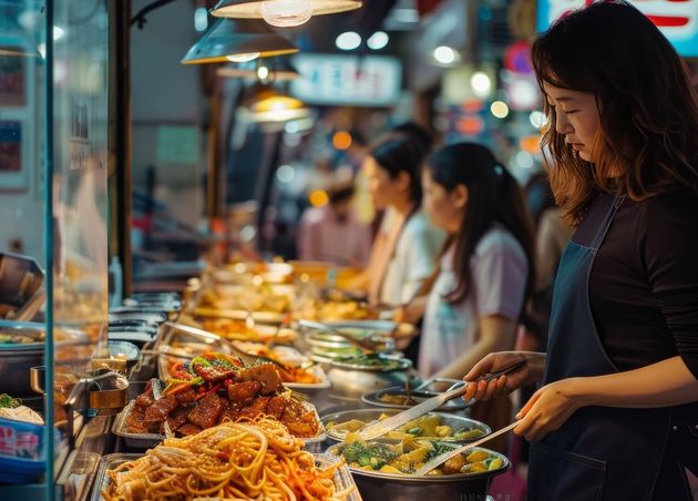 Asian Woman Eating Food Street Food Market Bangkok Thailand