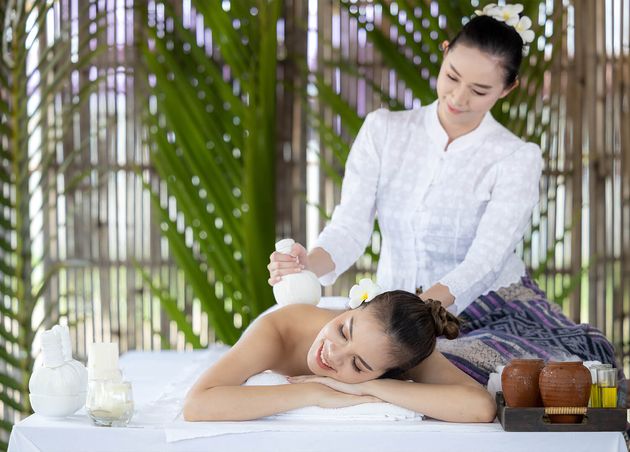 Young Asian Beautiful Woman Spa Natural Thai Massage Spa Asian Woman Massage Bed Relax Lifestyle Body Care Spa Body Massage Hands Treatment Woman Having Massage Spa Salon