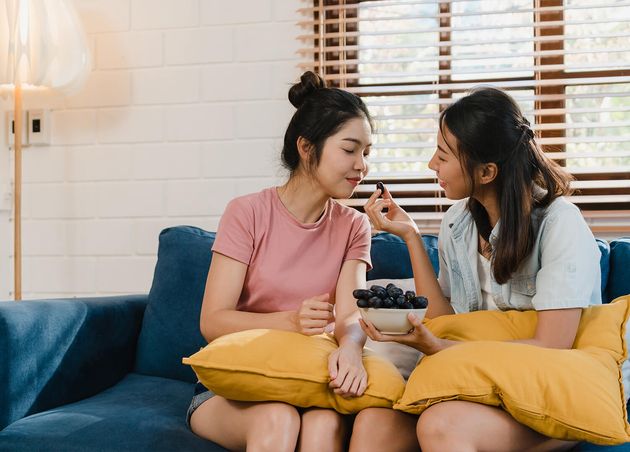 Asian Lesbian Lgbtq Women Couple Eat Healthy Food Home