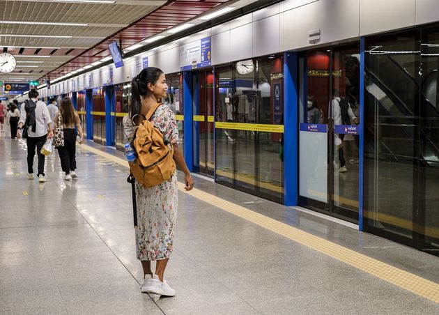 Asian Woman Tourist Waiting Skytrain Railway Station Platform City Bangkok Thailand