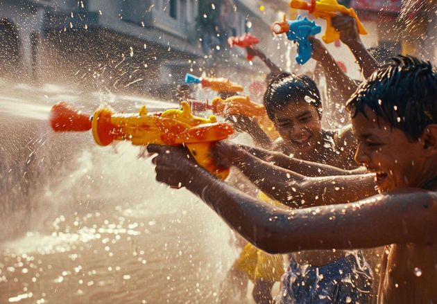 Group Children Playing with Water Guns
