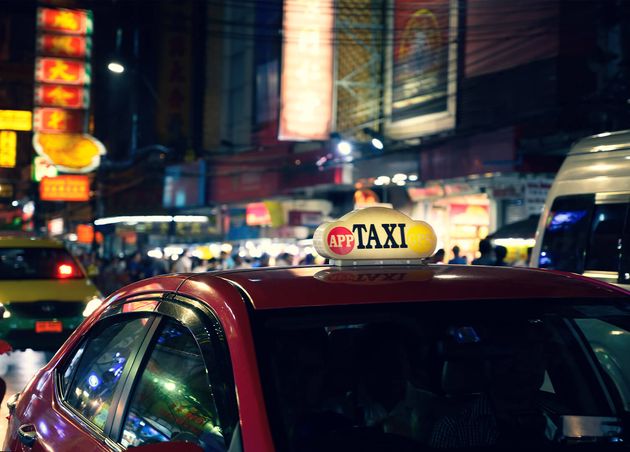 Taxi Sign with Defocused Lights Blur Chinatown Bangkok Night Thailand Southeast Asia