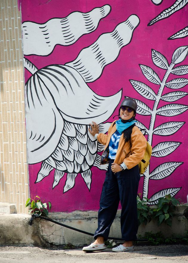Asian Thai Woman Travel Posing with Street Art Song Wat Road Bangkok City March 30 2017 Bangkok Thailand