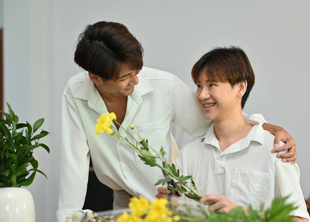 Affectionate Romantic Male Gay Couple Spending Time Together Enjoying Arranging Flowers Cozy Home Lgbt Homosexual Love