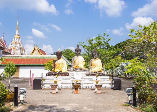 Surat Thani Thailand Three Buddha Statue Wat Phra Borommathat Chaiya Worawihan Ancient Temple Chaiya Districtsurat Thani Province South Thailand