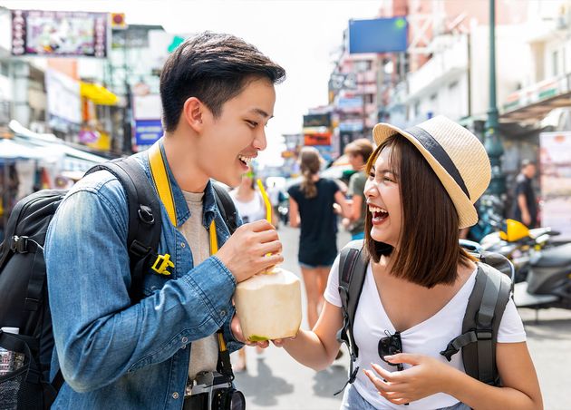 Happy Asian Couple Tourist Backpackers Traveling Khao San Road Bangkok