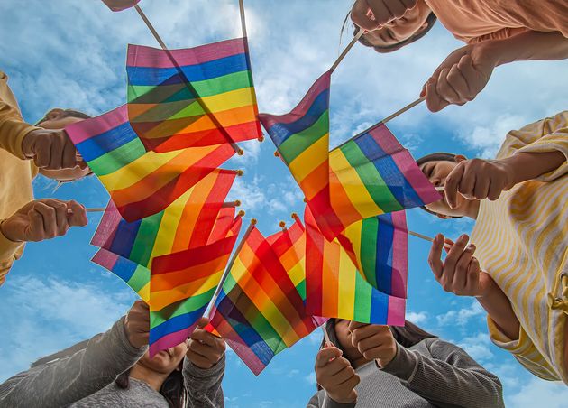 Diversity People Hands Raising Colorful Lgbtq Rainbow Flags Together Symbol Lgbt Community