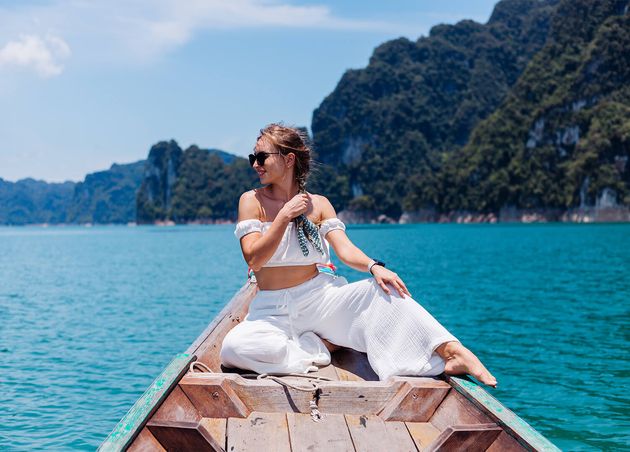 Fashion Portrait Young Woman White Top Pants Vacation Sailing Thai Wooden Boat Travel Concept Female Khao Sok National Park