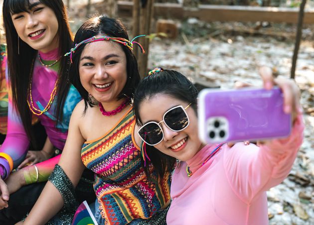 Happy Friends Lgbtq Transgender Asian Woman Taking Selfie Xalgbtqia Enjoying Vacation Best Friends LGBTQIA+
