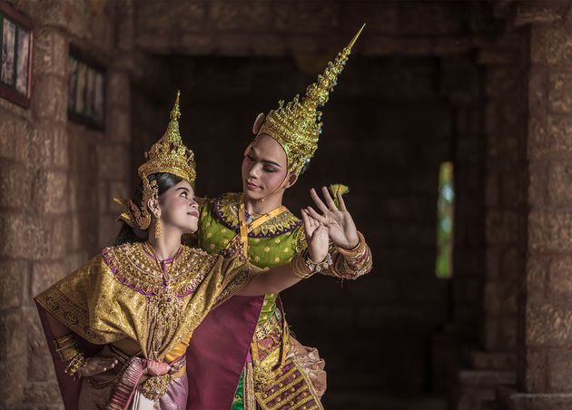 Thailand Dancing Couple Masked Khon Performances with Ancient Temple