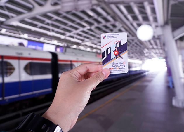 Bangkok Thailand Hand Holding Passenger Card Thai Language Bts Skytrain Station Bts Is Stopping Platform