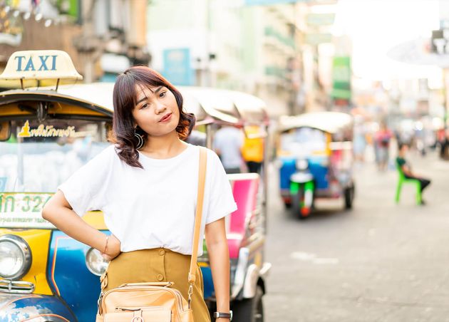 Happy Beautiful Asian Woman Traveling Khao Sarn Road Thailand