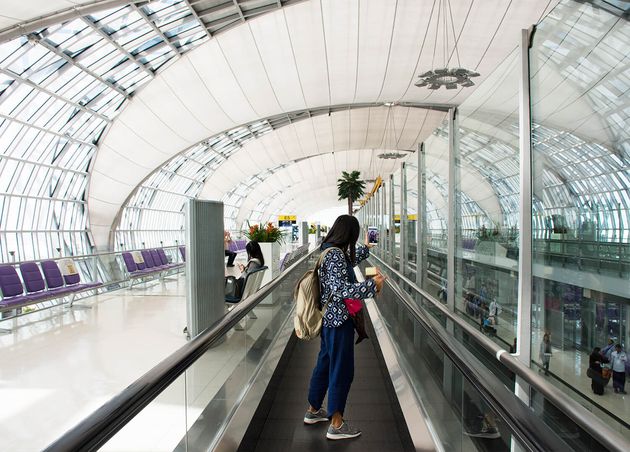 Traveler Thai Women Use Smartphone Take Photo with Ticket Passport Suvarnabhumi International Airport Station Bangkok Thailand