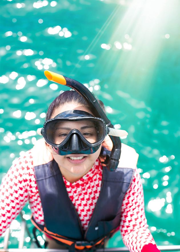 Happy Snorkel Girl Having Fun Ocean Water Snorkeling Caribbean Vacation Thailand